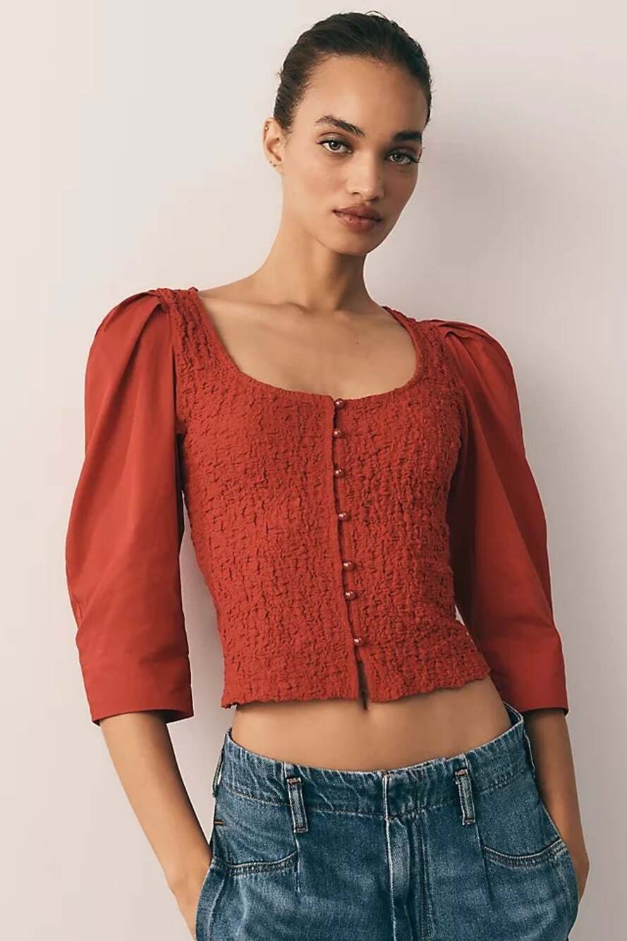 NEW By Anthropologie Smocked Cardigan Red XS